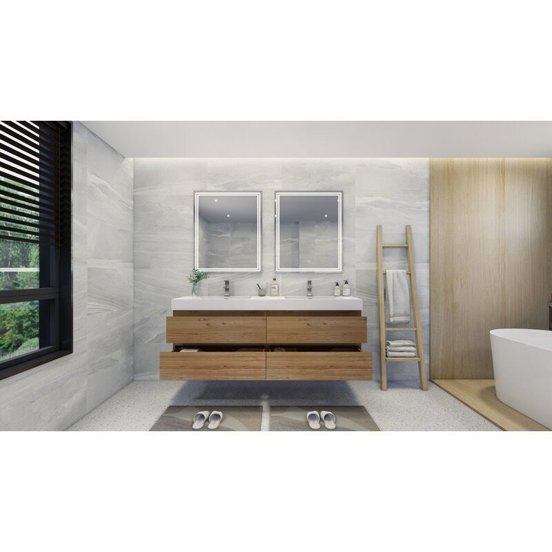 84" Double Sink Wall Mount Vanity, Acrylic Sink, Natural Oak