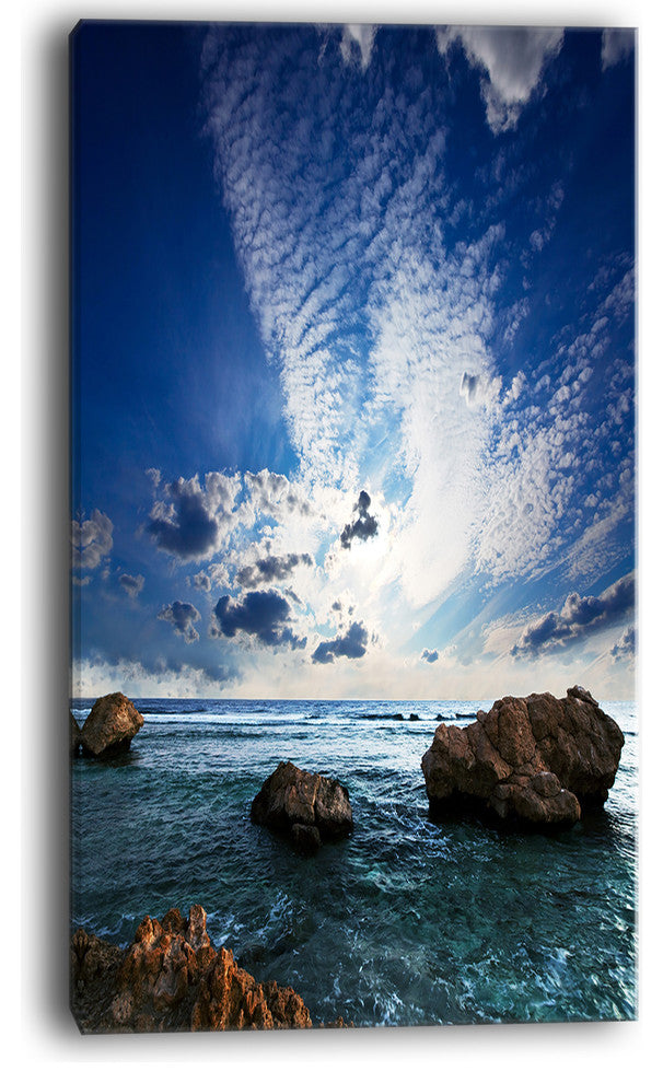 "Rocky Beach With White Clouds" Modern Beach Canvas Art Print, 20"x40"