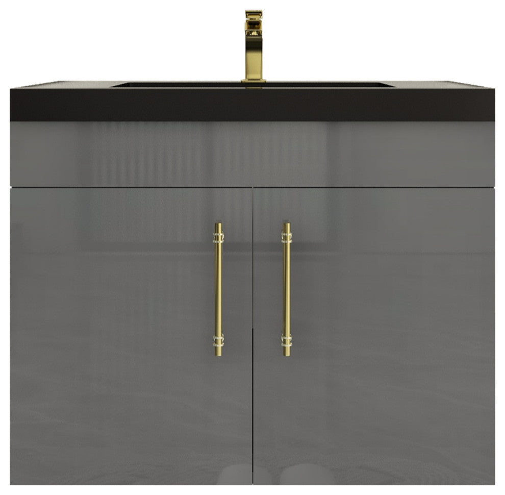 Rosa 30" Wall Mounted Modern Vanity, High Gloss Gray, Matt Black Top