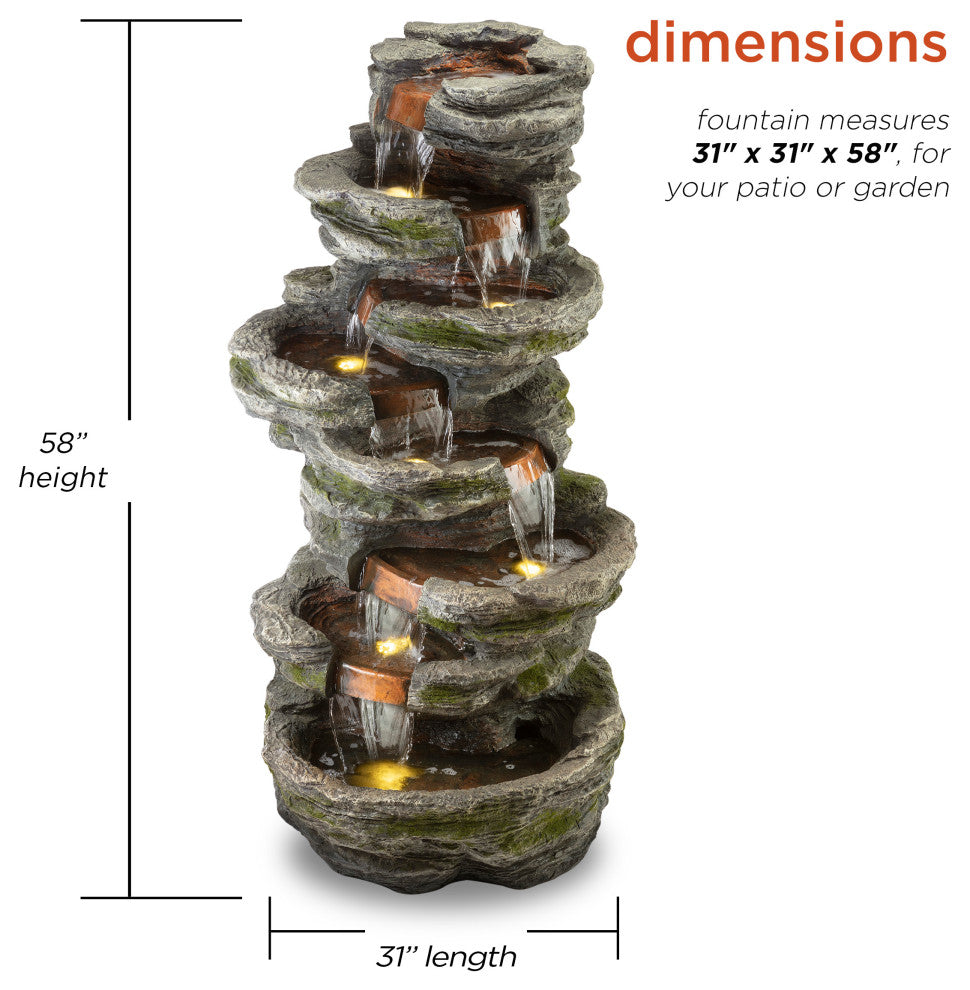 58" Tall Outdoor 8-Tier Rainforest Rock Water Fountain With LED Lights