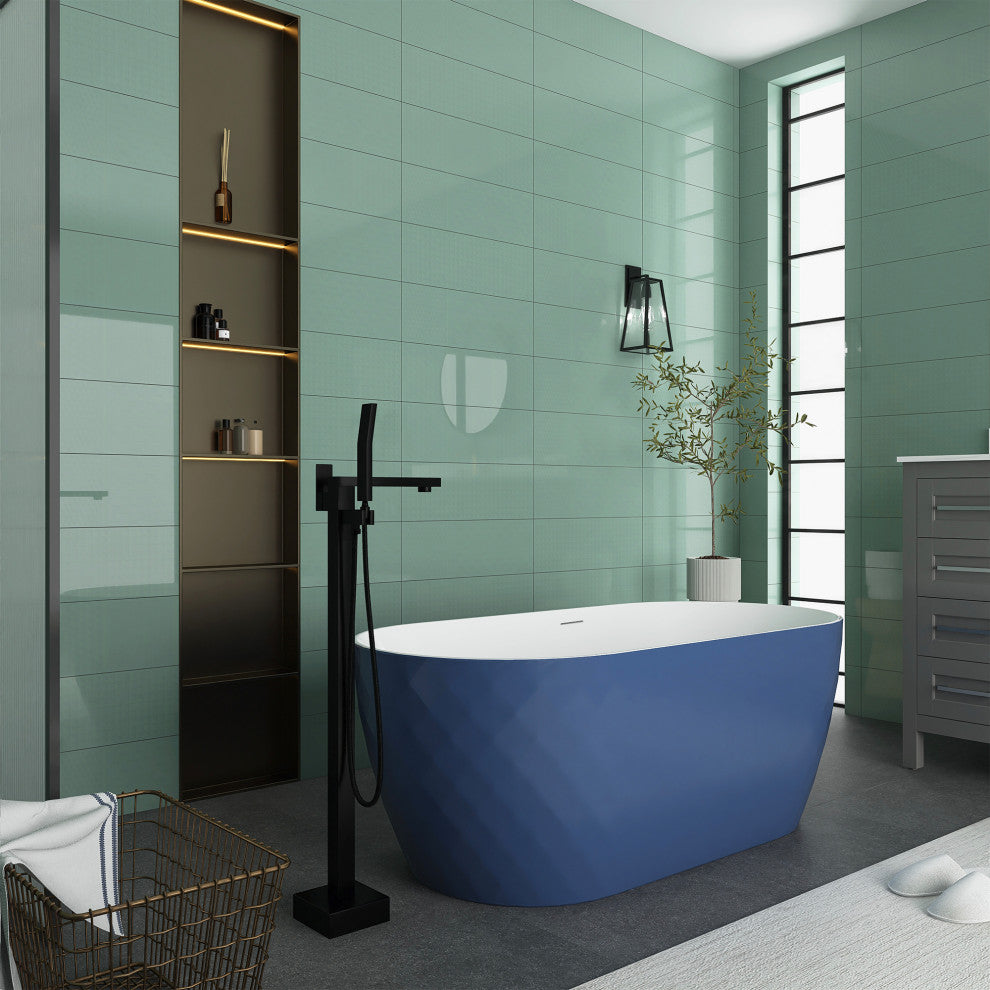 59 Inches Acrylic Freestanding Flatbottom Soaking Bathtub, Drain, Matte Blue