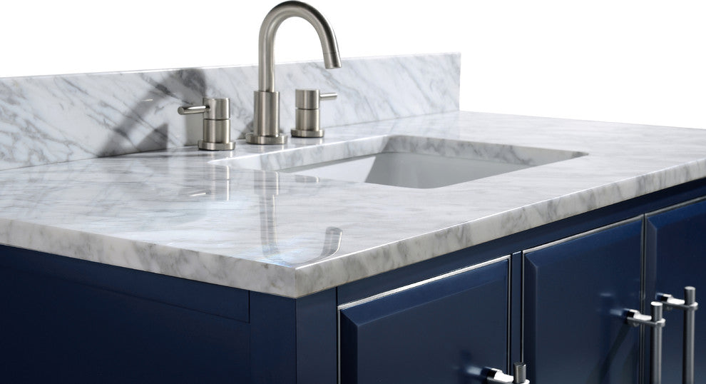 Mason 49" Vanity Combo, Navy Blue, Brushed Silver / Natural 1" Carrara White Marble Countertop and Backsplash