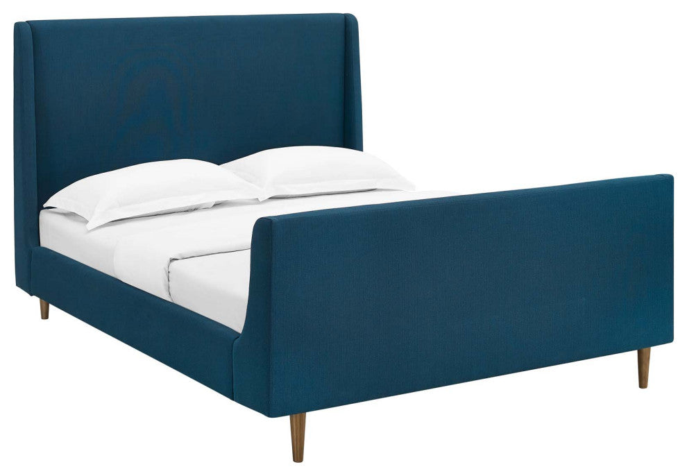 Aubree Queen Upholstered Fabric Sleigh Platform Bed Azure