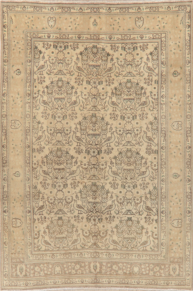 Consigned, Vintage-Style Faded Handmade Persian Traditional Area Rug, Beige, 6x9