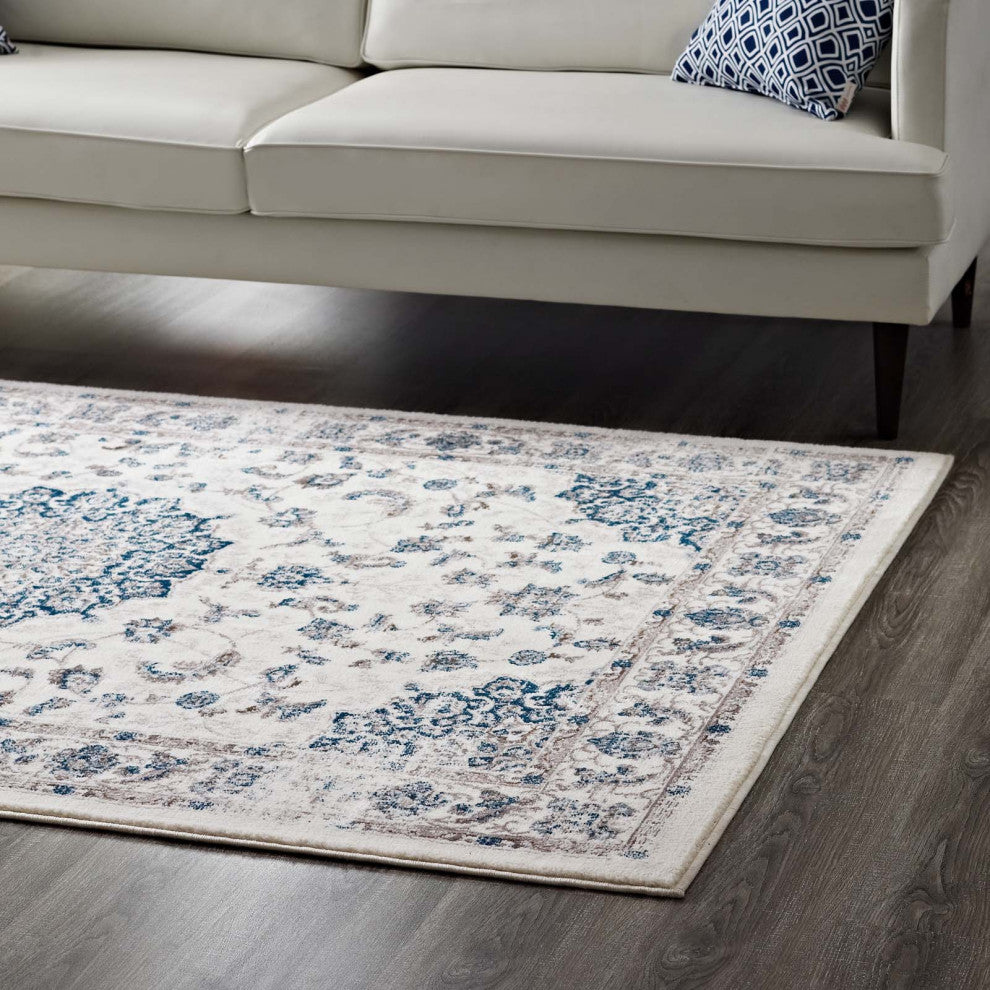 Ivory and Moroccan Blue Lilja Distressed Vintage Persian Medallion 5x8 Area Rug