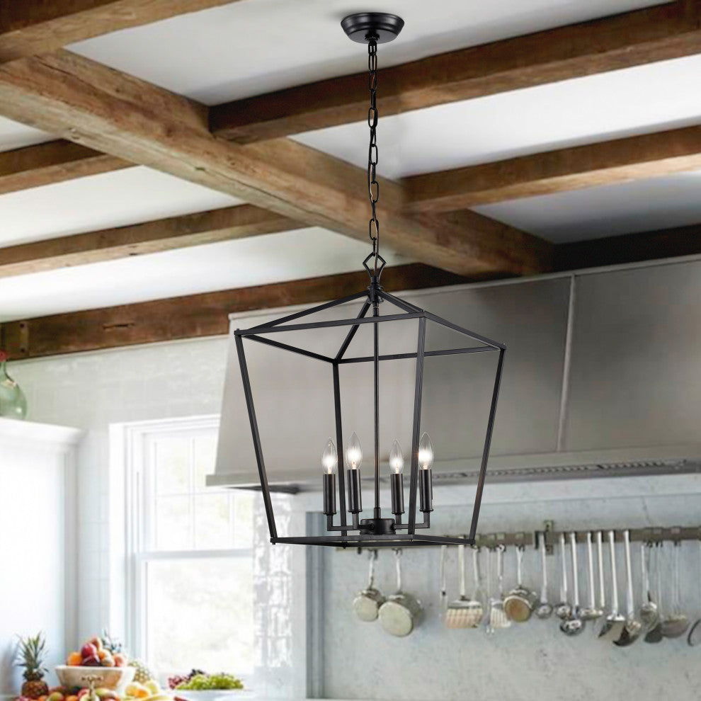 4-Light Matte Black Lantern Pendant Chandelier 16in With Nickle or Black Sleeve