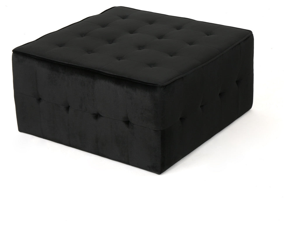 GDF Studio Justin Glam Tufted Velvet Ottoman, Black