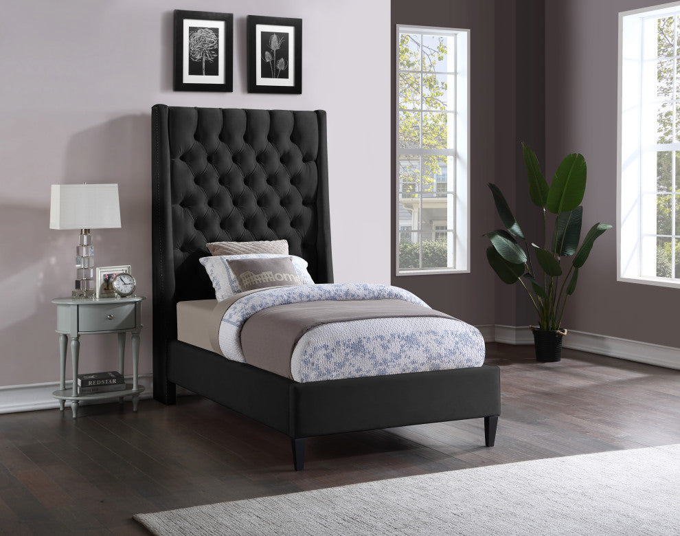 Fritz Velvet Upholstered Bed, Black, Twin