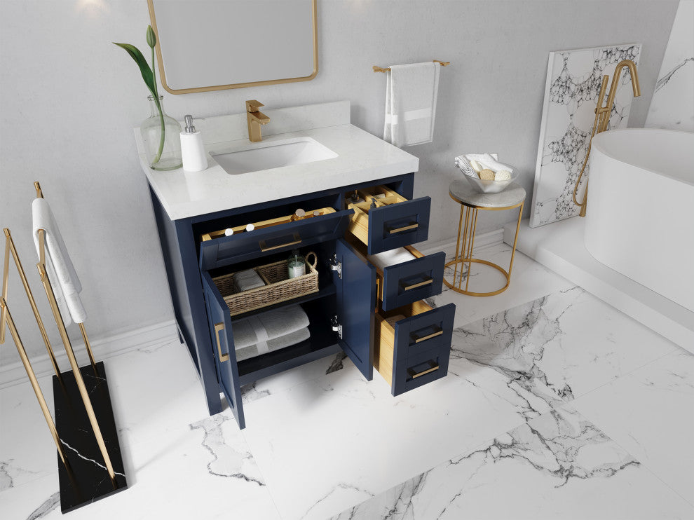 Cambridge 36 Left Offset Bath Vanity in Hale Navy Blue 1.5" Empira Quartz