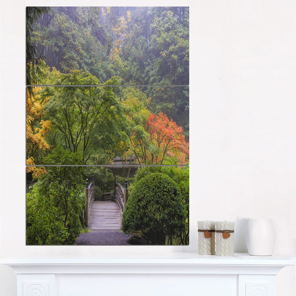 "Foggy Dawn in Japanese Garden" Photo Metal Wall Art, 3 Panels, 28"x36"