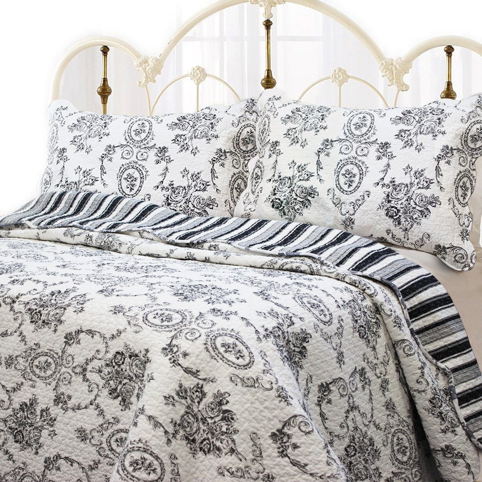 French Medallion Black Reversible 100%Cotton 3-Piece Quilt Set, King Set