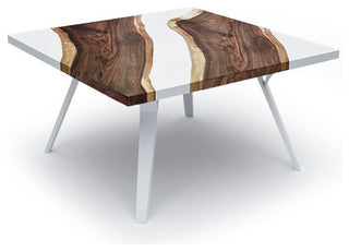 White Epoxy Resin & Walnut Wood Coffee Table, Sharp Corner