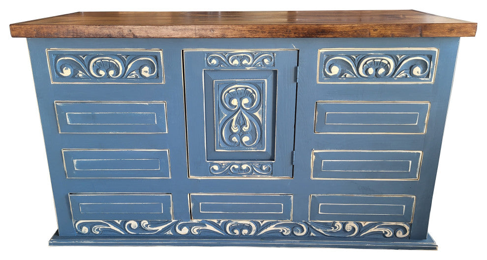 Shipwreck Rustic Carved Wood Bathroom Vanity, 60"x20"x32", With Top