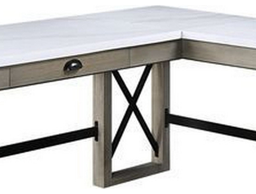 Benzara BM269056 L Shaped Writing Desk, Marble Lift Top & Sled Base, Gray/White
