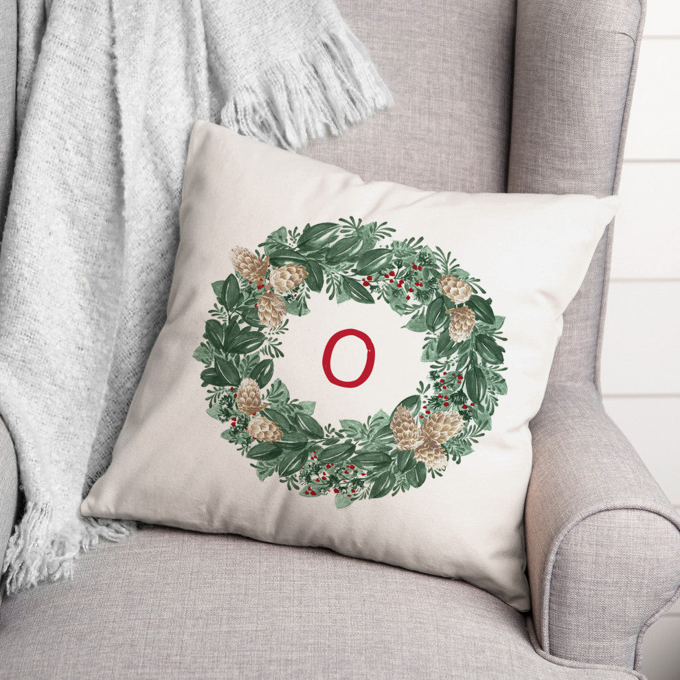Christmas Wreath Monogram O 18x18 Spun Poly Pillow