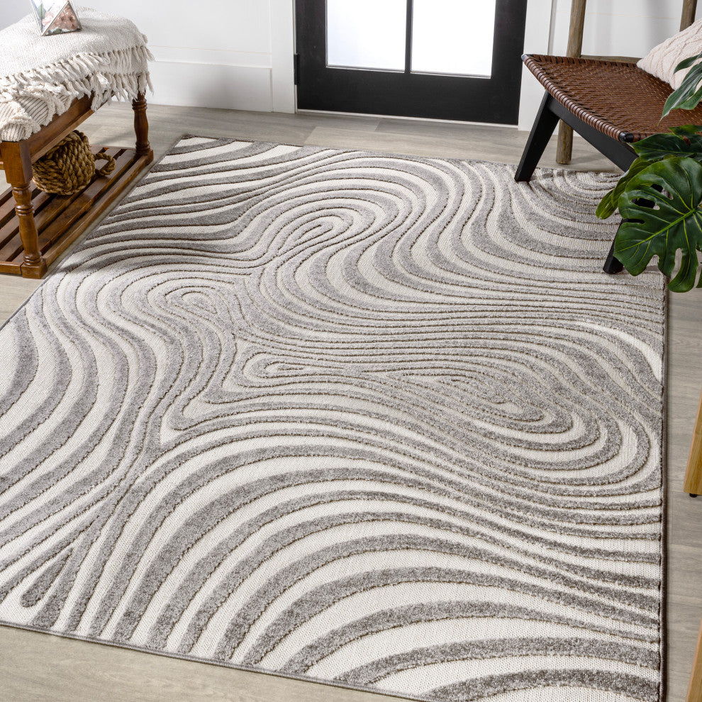 High-Low Groovy Striped Gray/Ivory 4 ft x 6 ft Indoor/Outdoor Area Rug