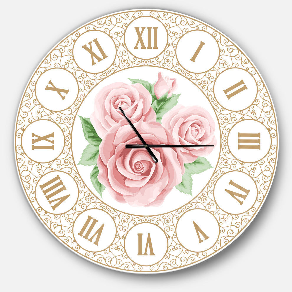 Hand Drawn Pink Roses Shabby Chic Vintage Contemporary Clock, 36x36