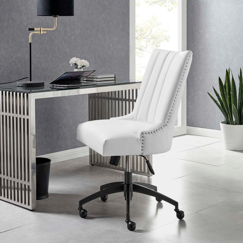 Computer Work Desk Tufted Chair, Faux Vegan Leather, Black White, Home Office
