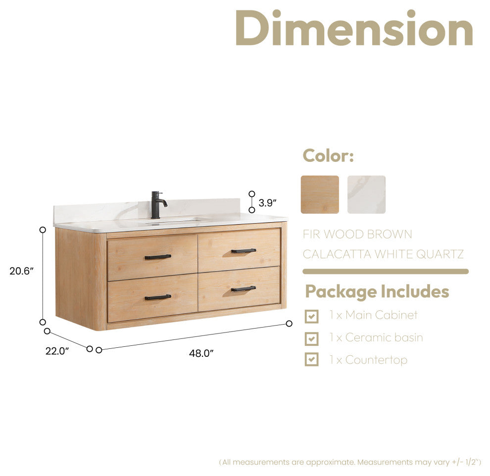 Cristo Floating Bath Vanity With Stone Top, Fir Wood Brown, 48in., No Mirror