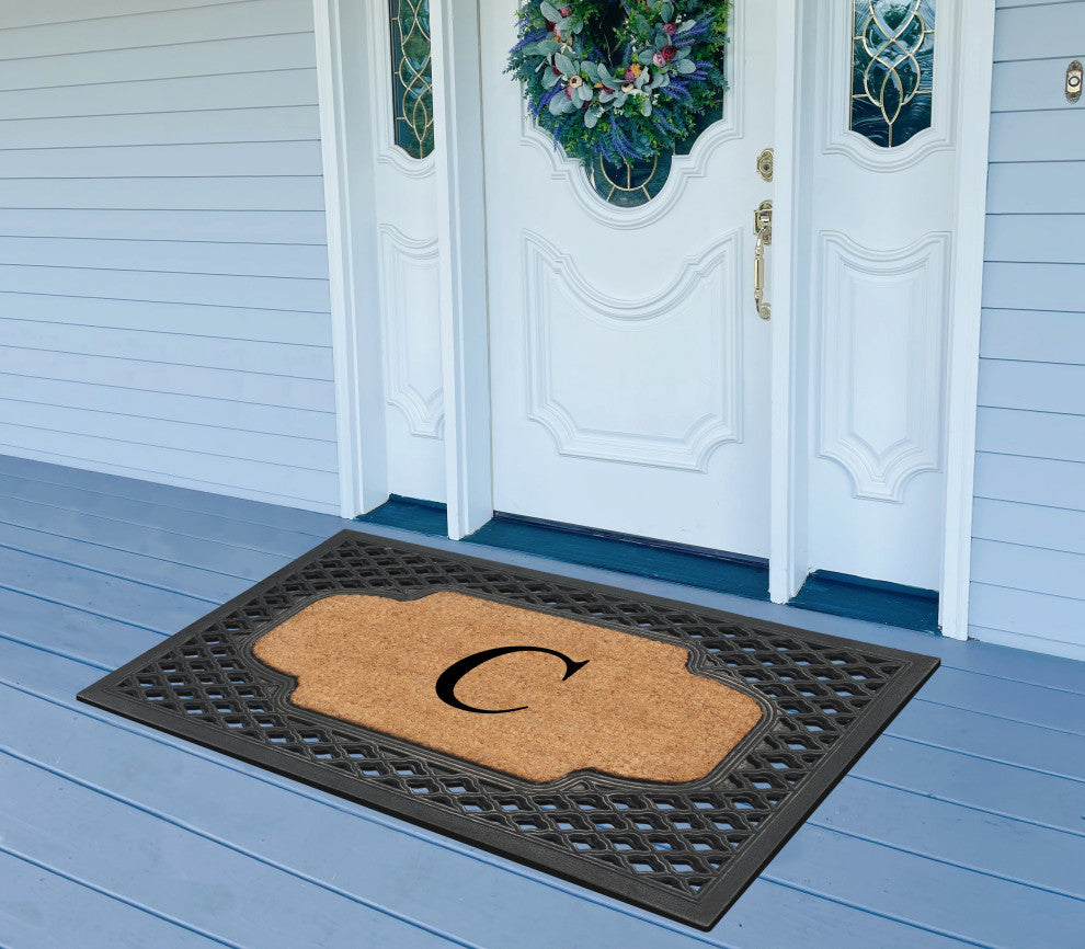 A1HC Mesh Border Rubber and Coir Monogrammed Doormat, 23"X38", Black, C