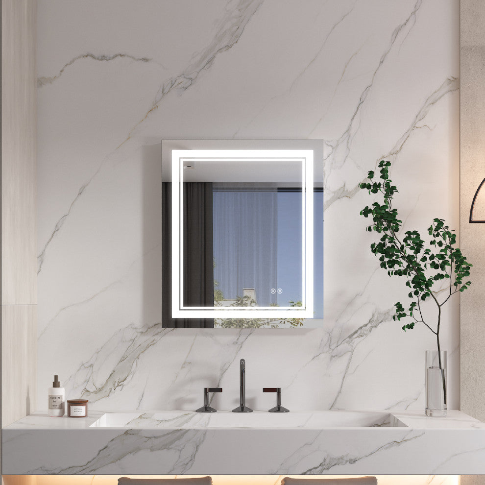 Frameless LED Lighted Bathroom Mirror With Defogger Dimmer, 20"x28"