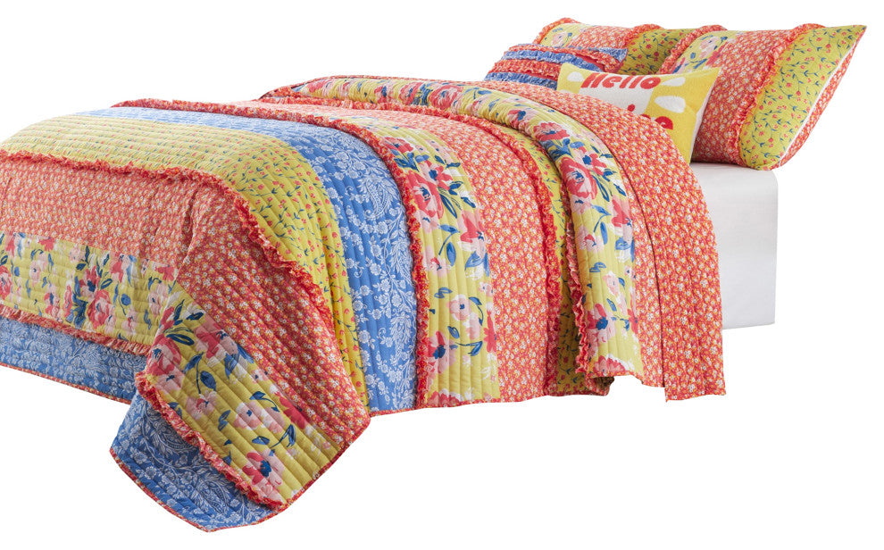 Benzara BM280444 Microfiber Twin Quilt Set, Bohemian Floral Pattern, Multicolor