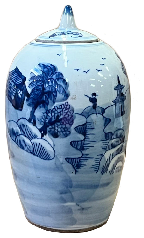 Lot of 2 Blue White Small Scenery Graphic Porcelain Point Lid Jars Hws2514