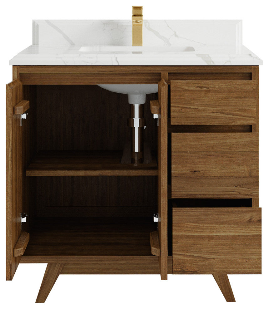 Madison Teak 36 Center Sink Bath Vanity in Dark Natural 1.5" Calacatta Laza