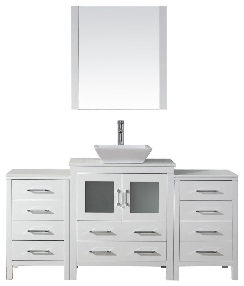 Virtu Dior 66" Single Bathroom Vanity, White With White Top, Faucet and Mirror