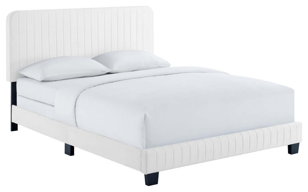 Tufted Platform Bed Frame, Queen Size, Velvet, White, Modern Contemporary