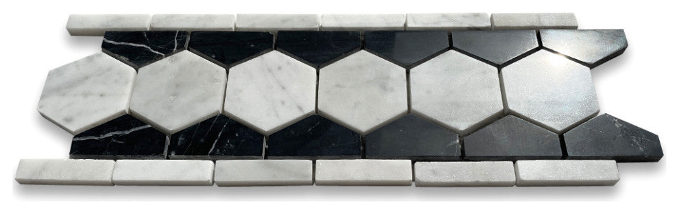 Carrara Marble 2" Hexagon Mosaic Border Listello White Black Polished, 1 sheet