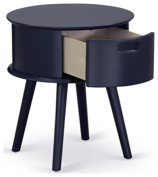 Gordon Round Night Stand End Table With Drawer, Navy Blue Finish