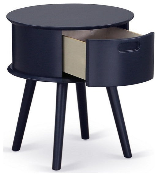 Gordon Round Night Stand End Table With Drawer, Navy Blue Finish