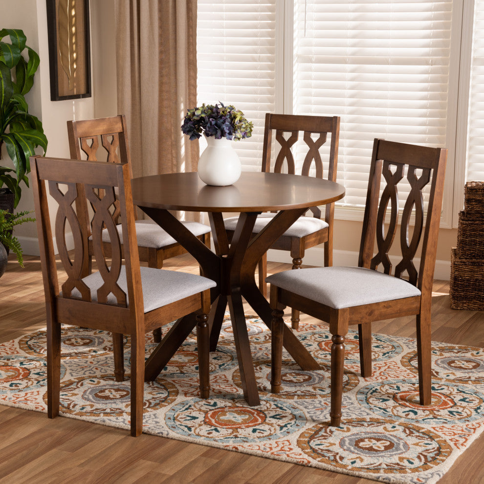 Sutter Gray Upholstered and Walnut Brown Wood 5-Piece Dining Set