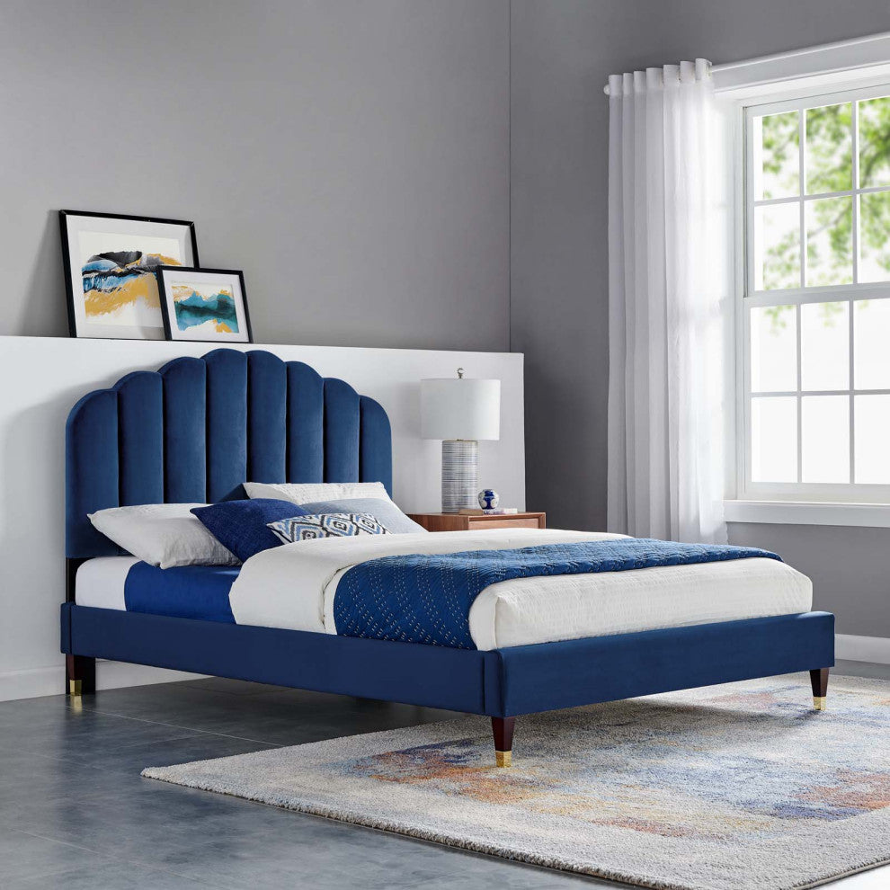Platform Bed Frame, Queen Size, Blue Navy, Velvet, Modern, Bedroom Guest Suite