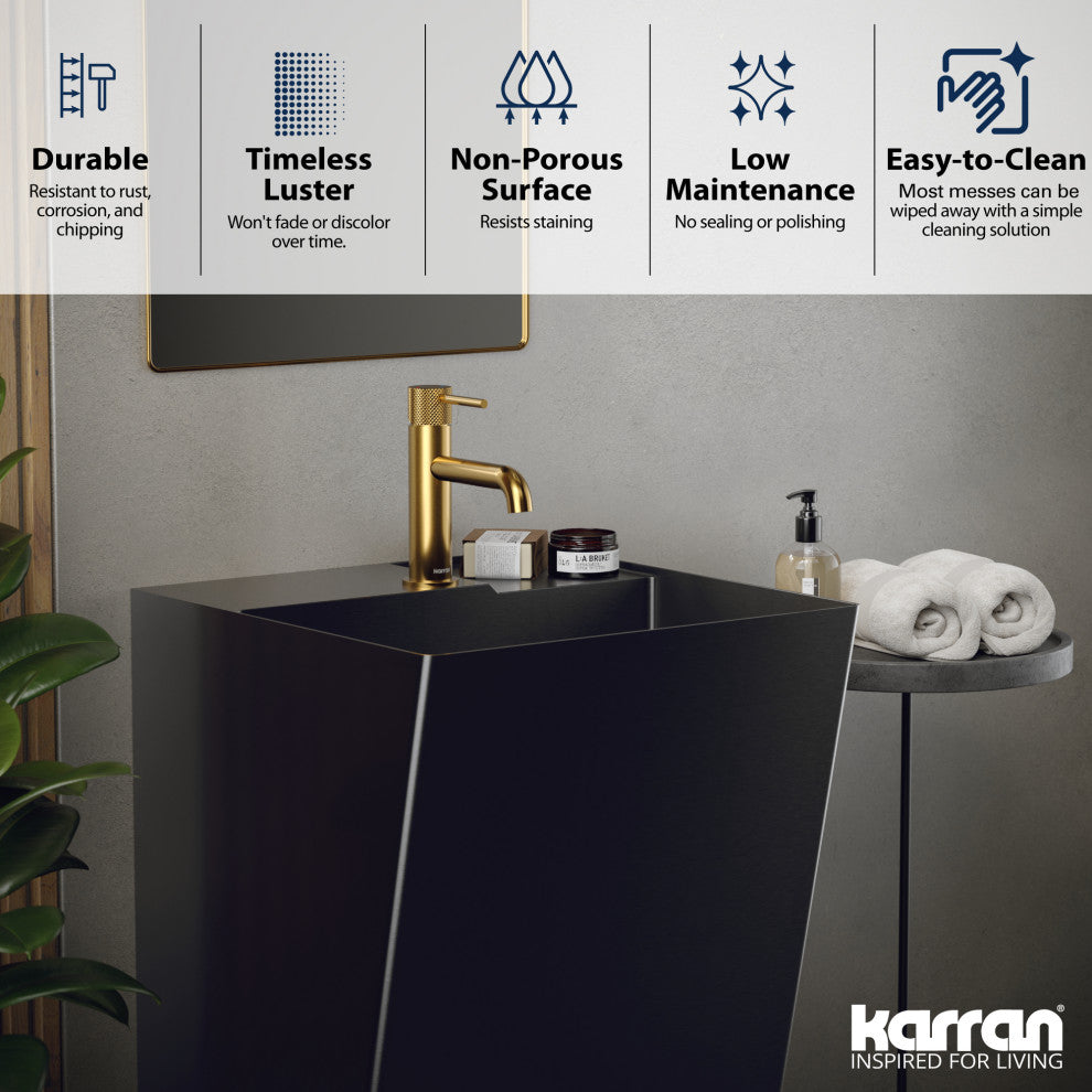 Karran Cinox Stainless Steel Rectangular Pedestal Sink, Gunmetal Grey