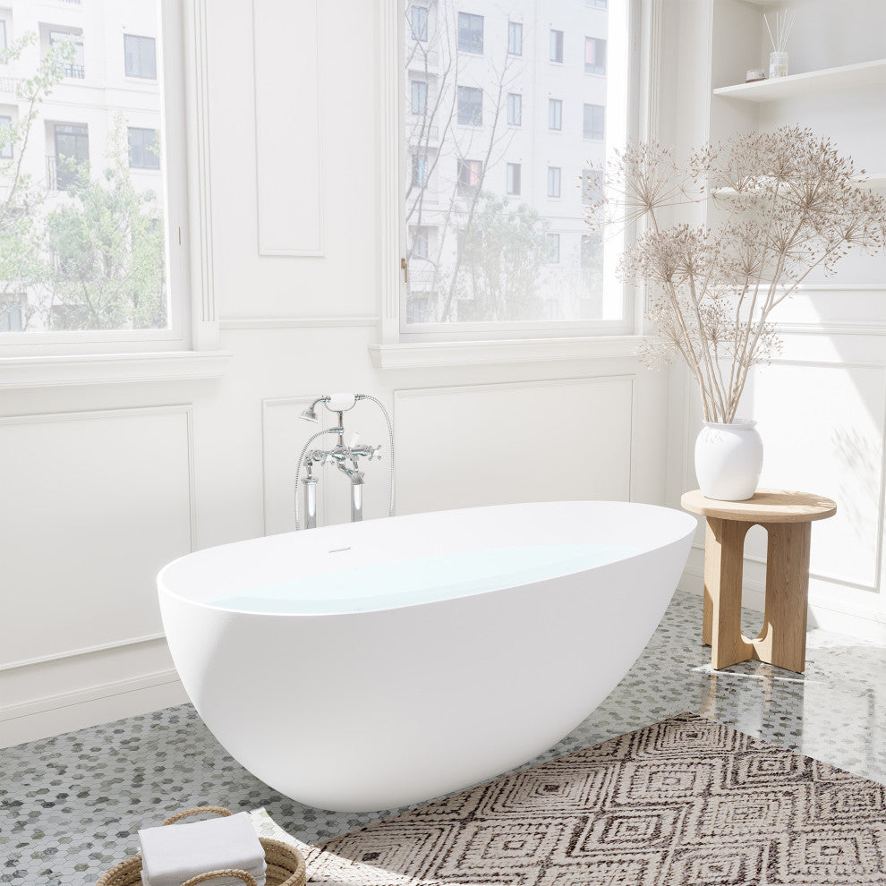 Giotto Flatbottom Freestanding Solid Surface Soaking Bathtub, Matte White, 67inch