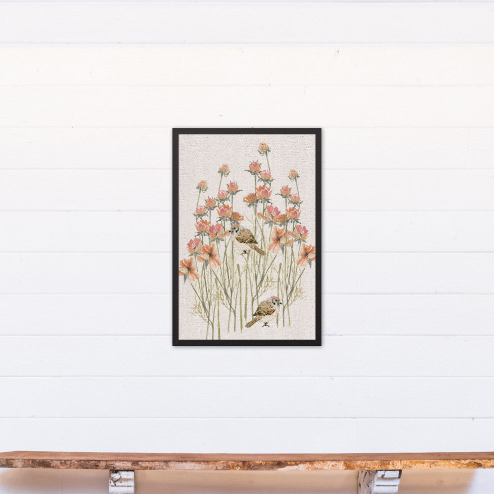 Birds, Flowers Peach Framed Canvas 20x30 Black Framed Canvas