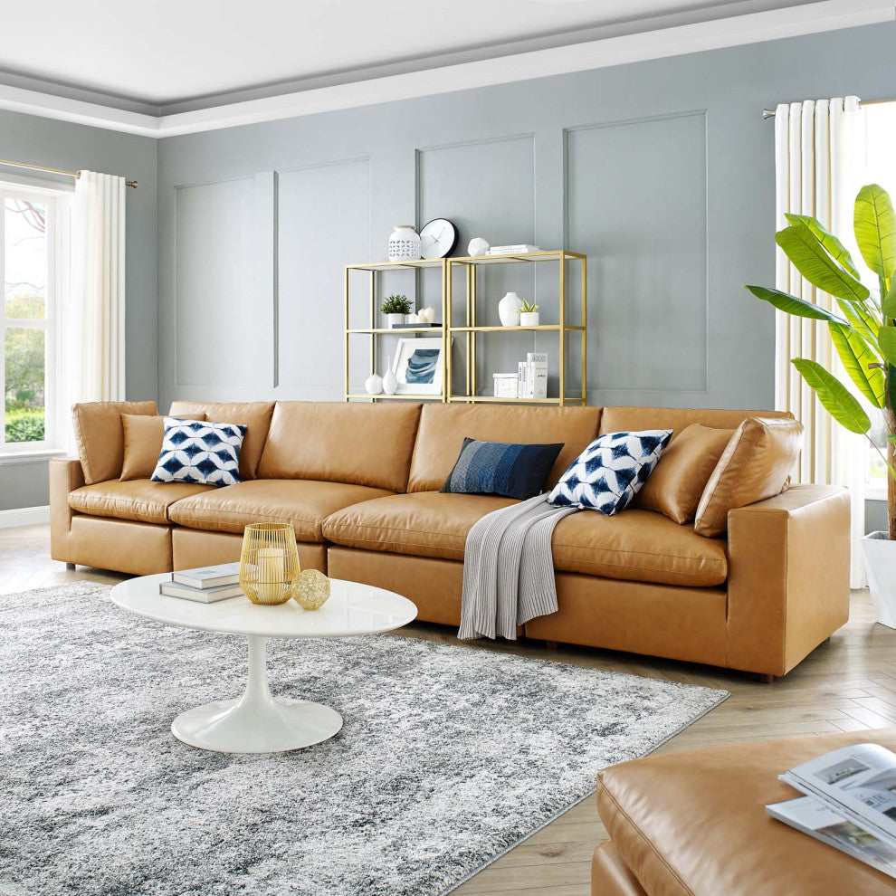 Commix Down Filled Overstuffed Vegan Leather 4-Seater Sofa - Tan