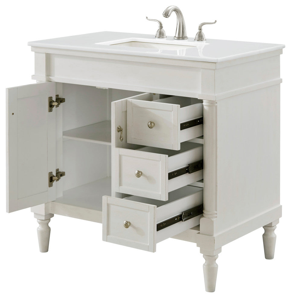 36" Single Bathroom Vanity, Antique White With Ivory White Engineered Marble