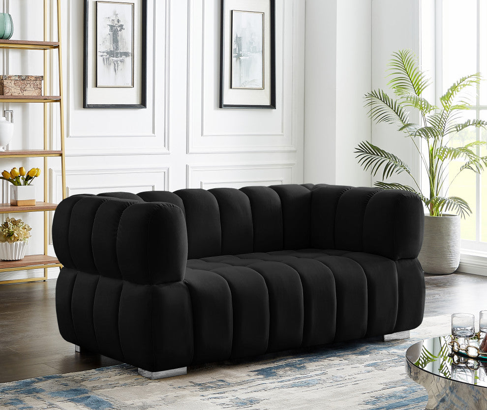 Gwen Velvet Upholstered Chair, Black, Loveseat