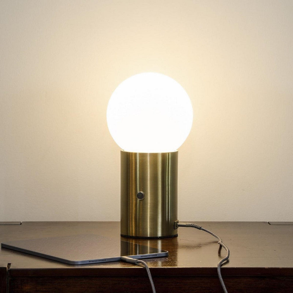 Brightech Kai LED Table Lamp with USB Port, Glass Globe Shade, Stunning Brass