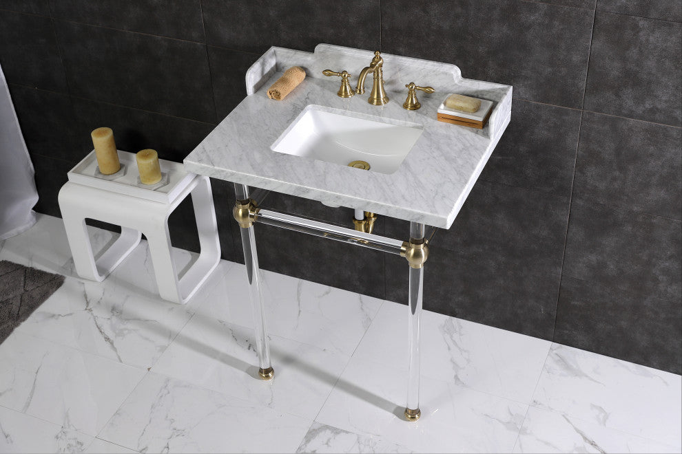 Kingston Brass LMS30MASQ7 30" Carrara Marble Console Sink, Acrylic Legs