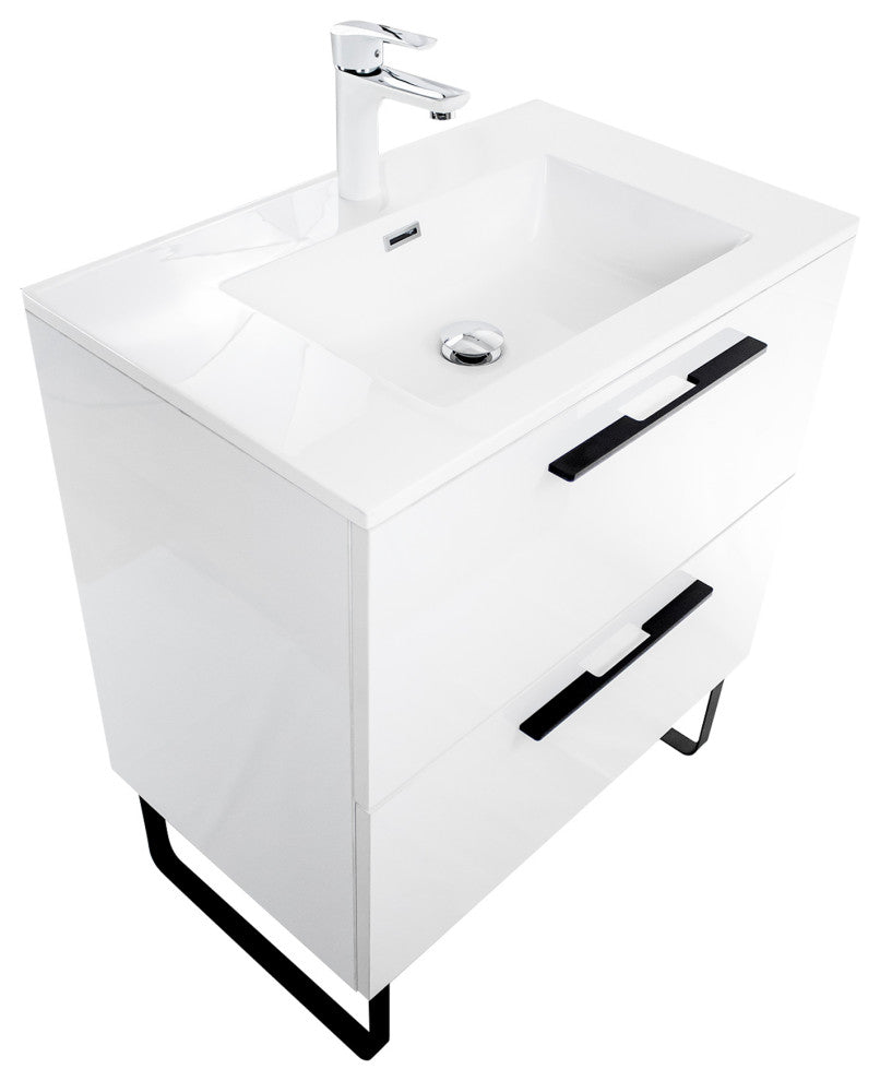 Free-Standing Single Bathroom Vanity, Acrylic Top, White High Gloss, 30"