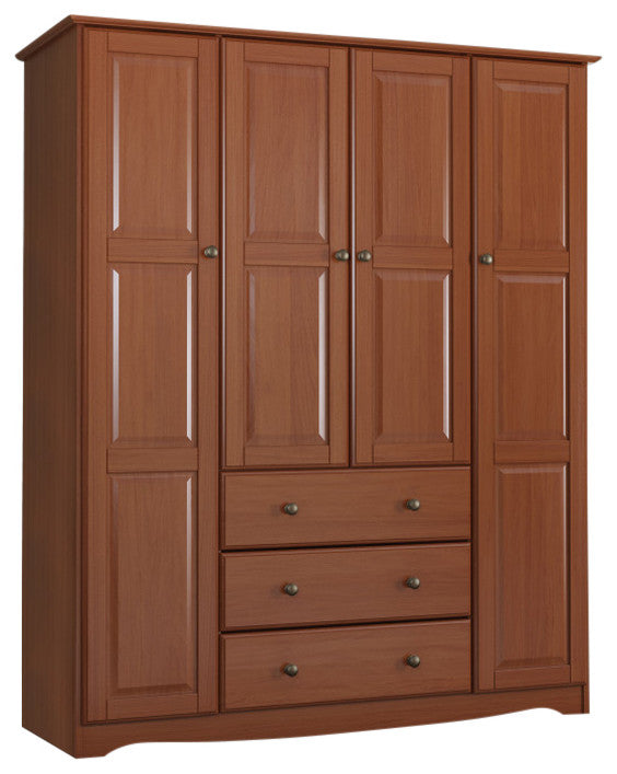 100% Solid Wood Family Wardrobe Armoire, Mocha-Metal Knobs