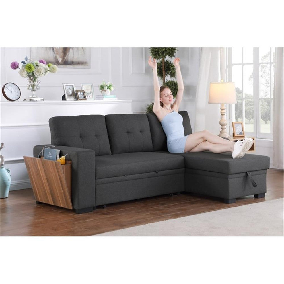 Fabric Reversible Modern Side Compartment Sleeper Sectional Sofa Bed-Dark Gray