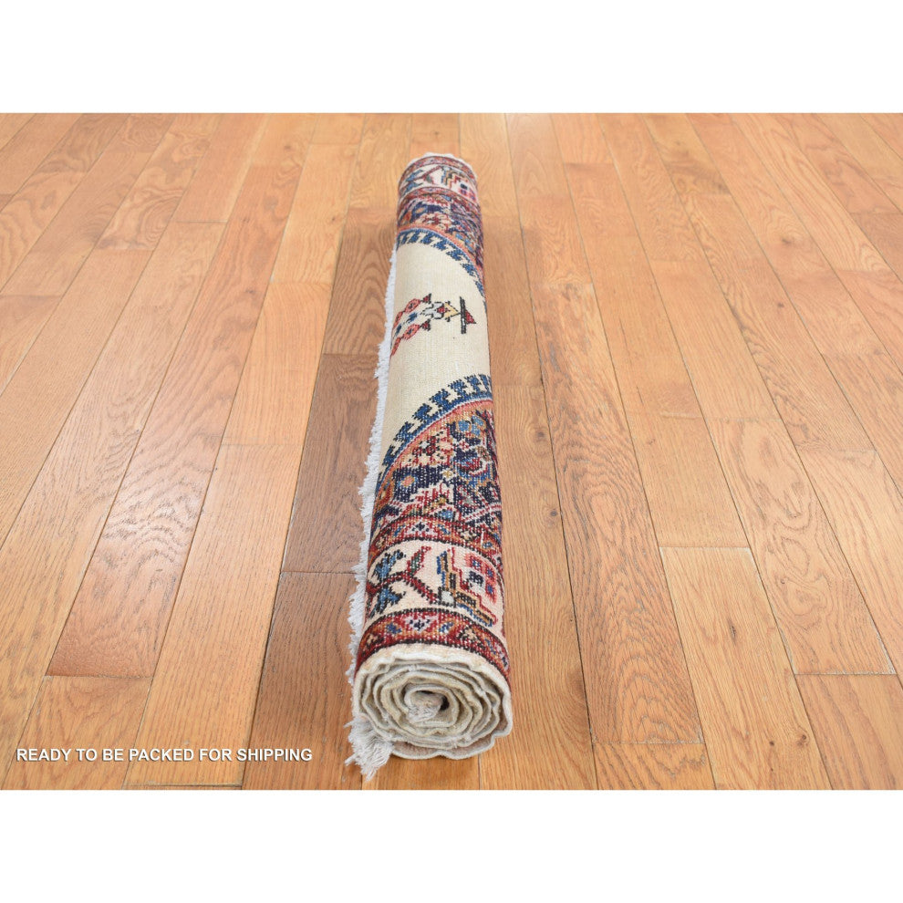 Ivory New Bohemian Karabakh Pure Wool Hand Knotted Rug 3'3" x 4'3"