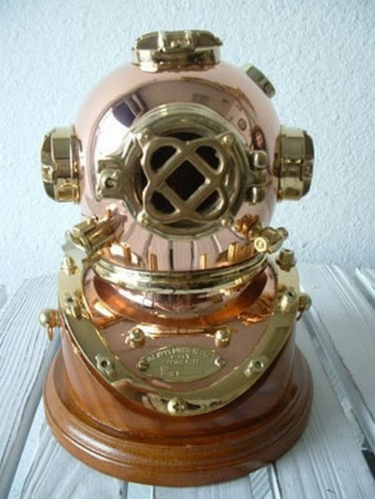 5.5" Polished Brass and Copper Mark V Dive Helmet With Wood Base