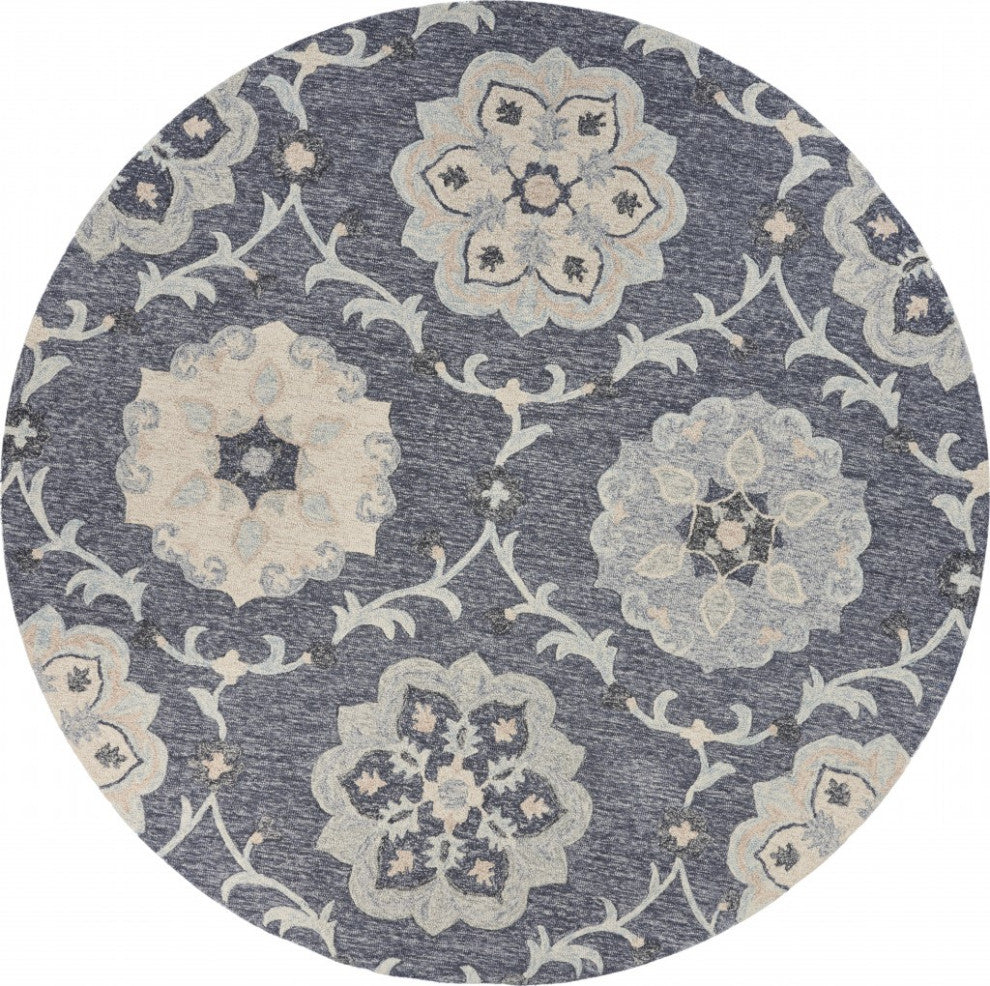 7" Round Gray Floral Trellis Area Rug