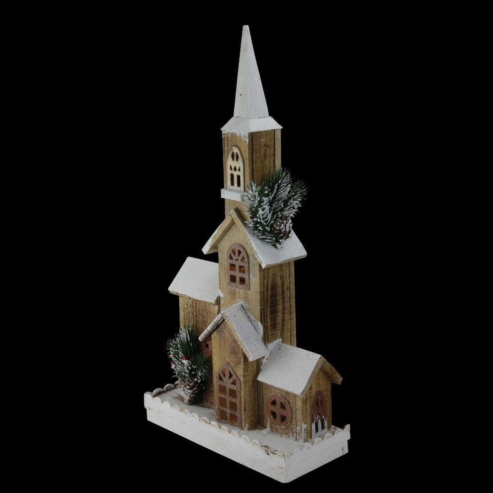 21.25" LED Lighted Brown Wooden Snowy Church Christmas Decoration